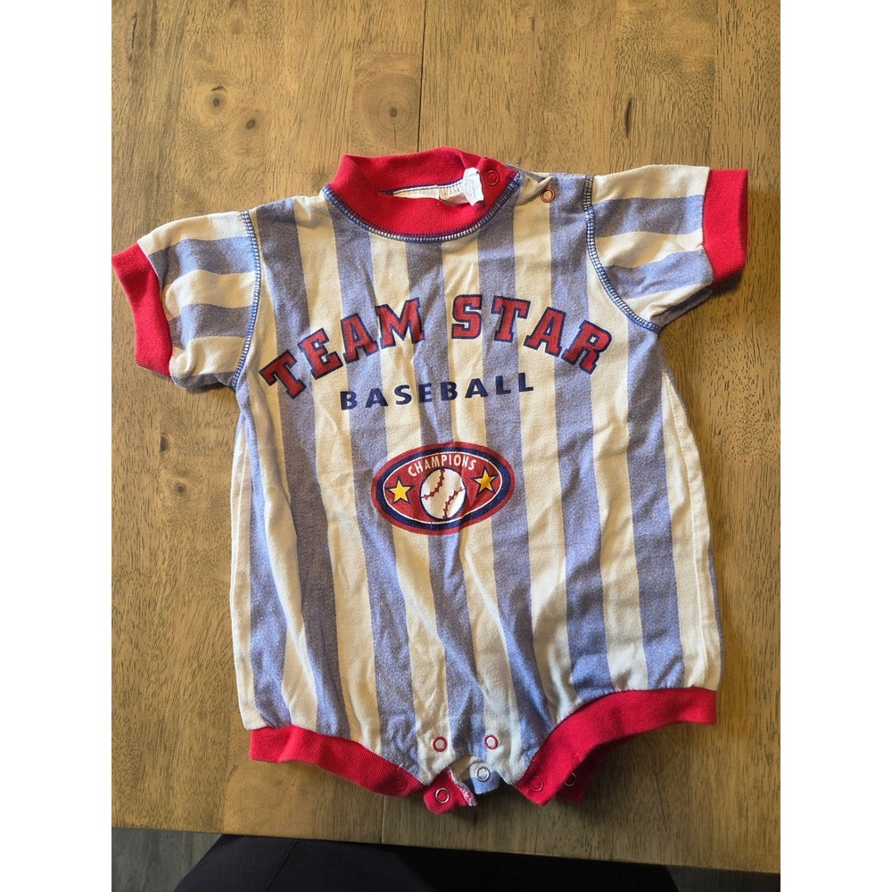 Vintage Small Stars Team Star Baseball Romper Blue White Striped 6-9 Months